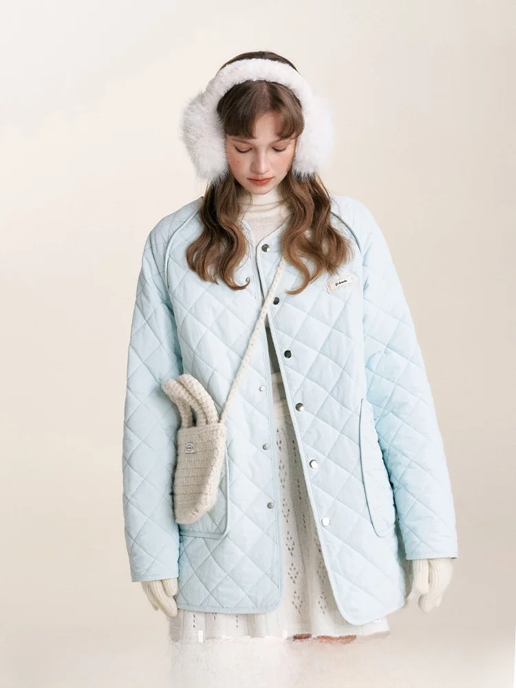 

Kroche Winter Letter Embroidered Crt round Ne ket Cotton Jaet Vintage Straight Cut Long Sve Mid-Length Single Button