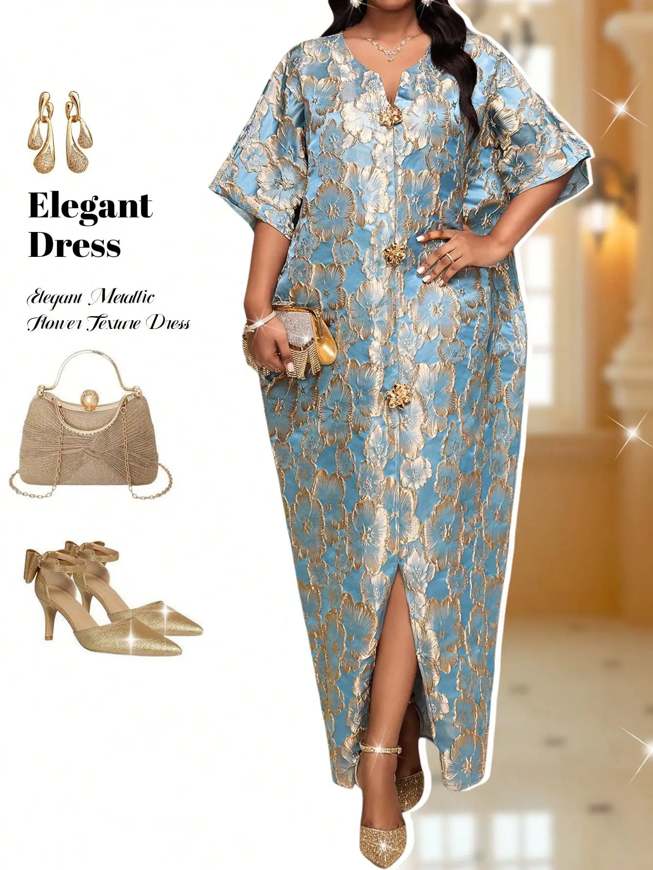 

Elegant Blue Gold Floral Jacquard Tunic Dress with Batwing Sleeve and Front Slit