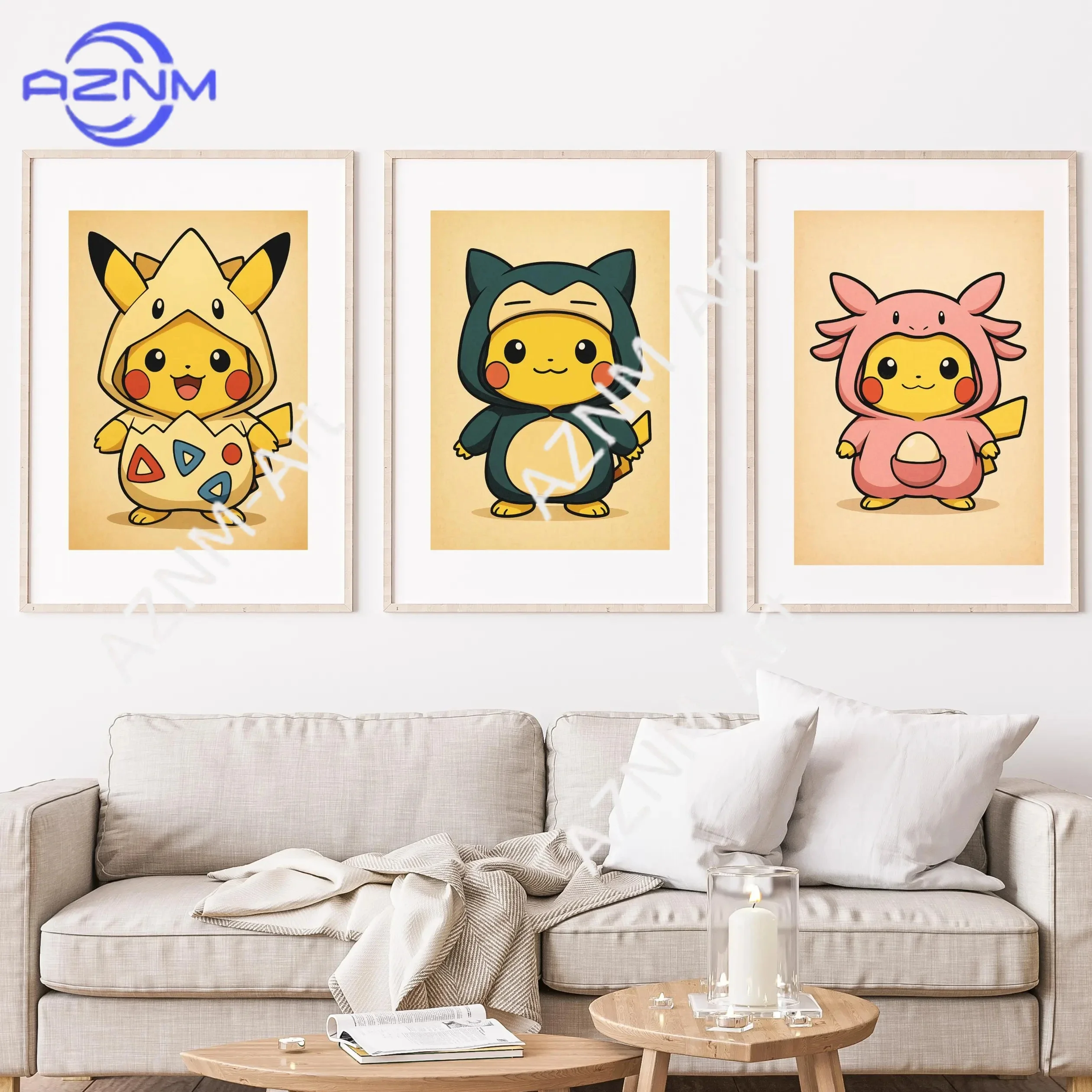 Set de 3 Murales de Pokémon - Decoración de Arte Manga Japonés para Sala de Juegos, Sala de Estar, Dormitorio con Munchlax, Snorlax y Chansey