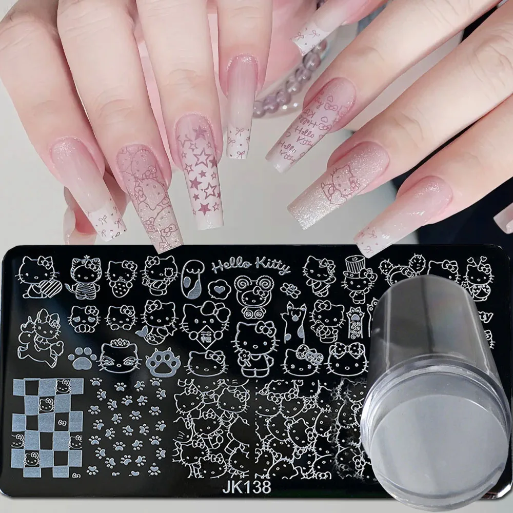 

1Pc Hello Kitty Nail Art Stamp Plate Sticker With Silicone Stamper Kitty Cat Image Nail Art Printing Stencil For DIY Nail Templa