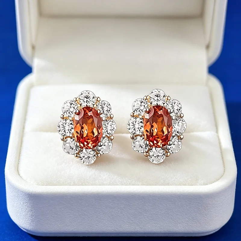 Luxury white gold solid platinum PT950 Padparadscha earrings 4*6mm oval flower shape surrounded by champagne gold