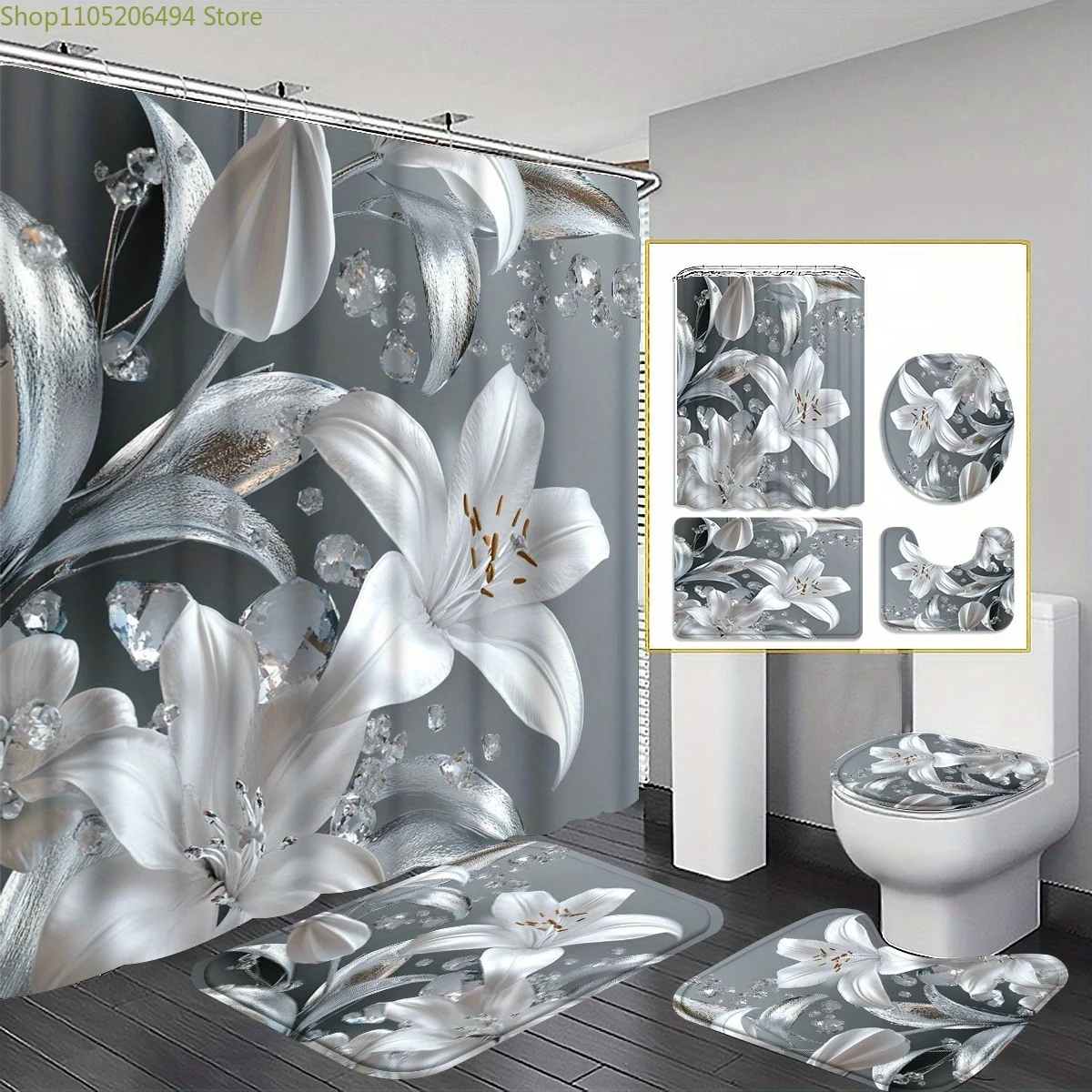 

1/3/4 шт. Набор для ванной комнаты Ice Crystal Lily с занавеской для душа, ковриком для ванной, U-образным и чехлом для унитаза — элегантный принт серой лилии, высокий