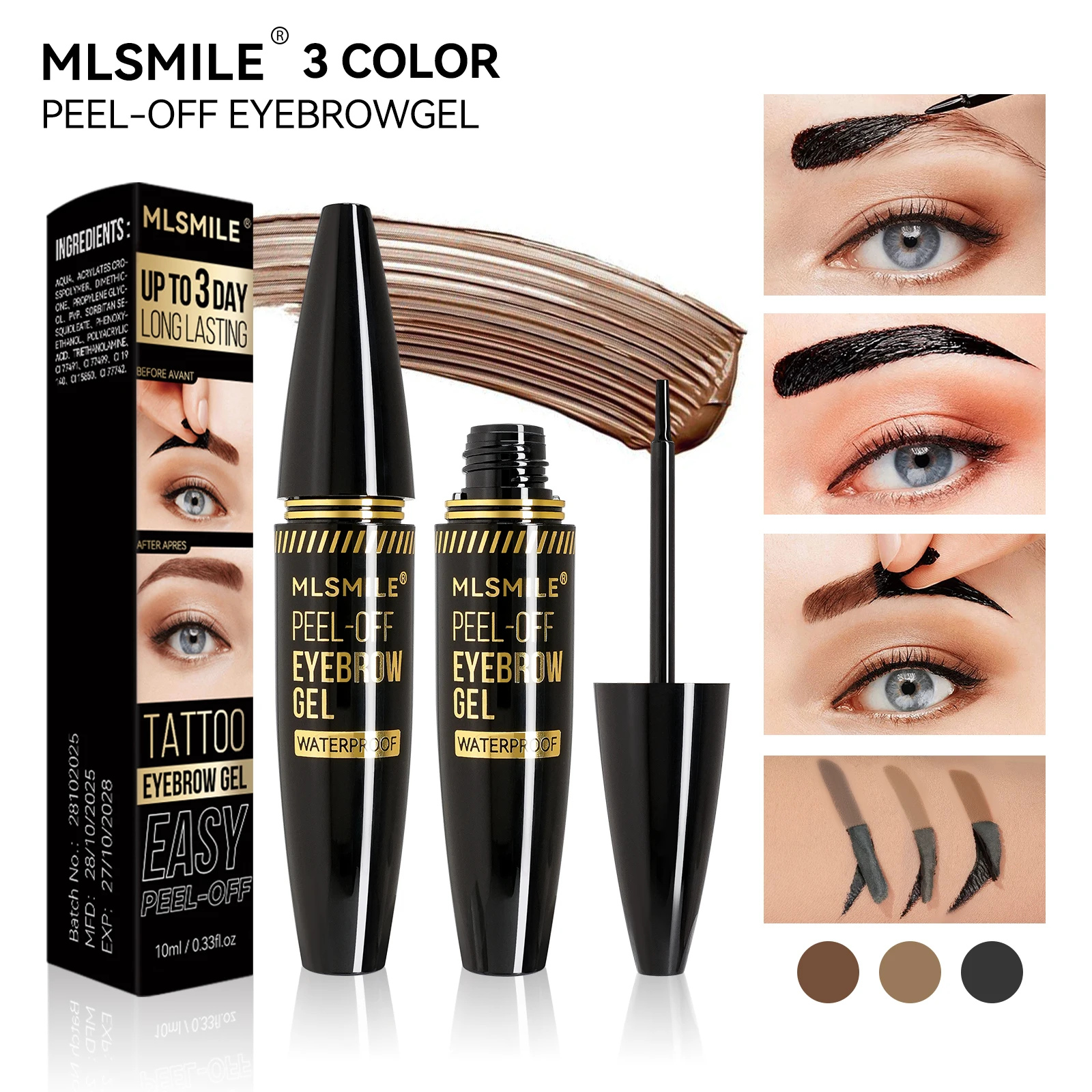 MLSMILE 3 Color Peel-Off Brow Gel, Long-Lasting Non-Fading, Waterproof, Odor-Free, 2025 New Cosmetics