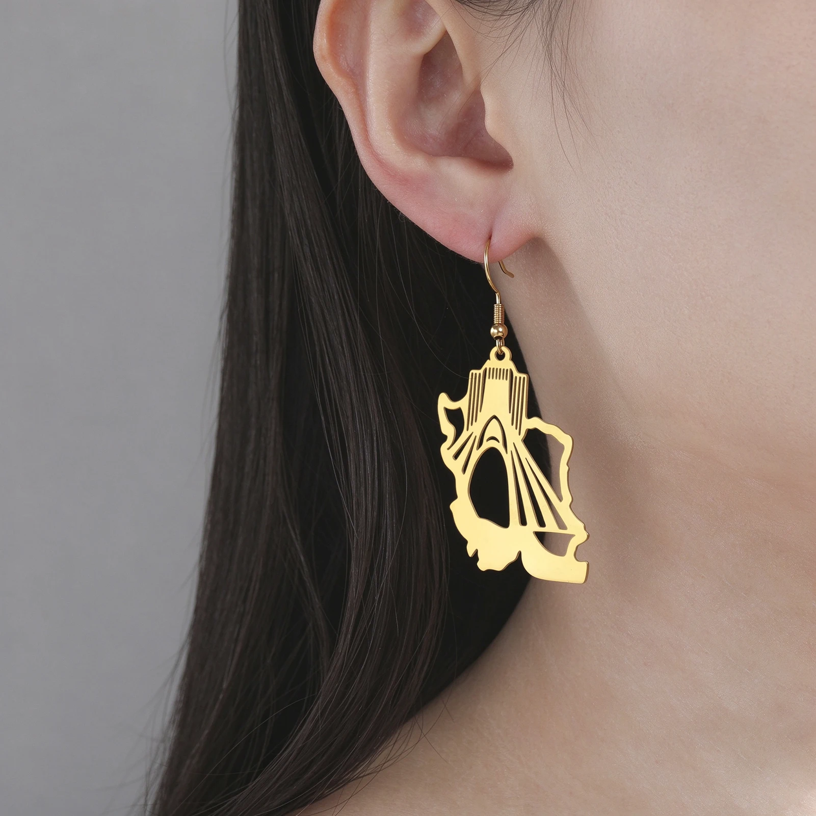 Iran Map Azadi Tower Drop Earrings Stainless Steel Hollow Cutout Ear Hooks Persian Cultural Landmark Jewelry Gift for Women