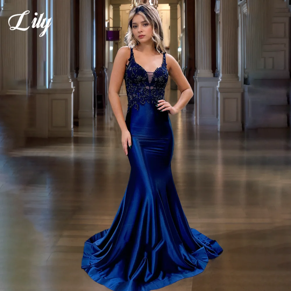 

Lily Navy Blue Elegant Prom Gown V-Neck Spaghetti Straps Hollow Prom Dress with Fishbone Satin Beads Party Dresses Customized