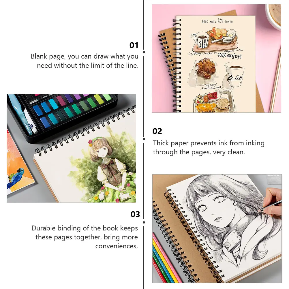 

1Pcs Spiral Sketch Book Kraft Cover Blank Thick Paper for Drawing Painting Sketch Pad Notebook Student Art Supplies