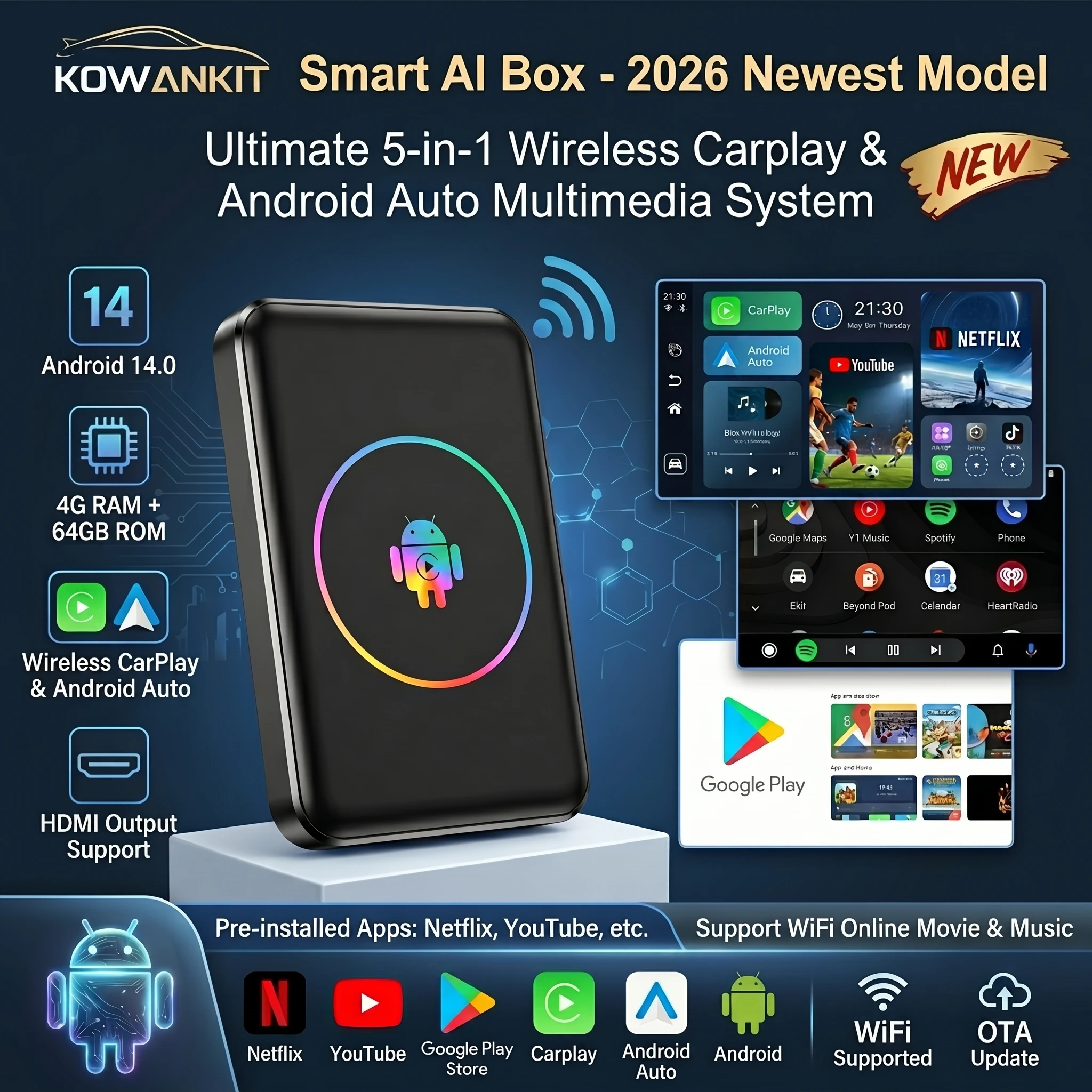 Android 14 4+64G Беспроводной CarPlay Ai Box Kowankit Smart 5 в 1 HDMI Plug & Play Android Auto Car TV Box для Netflix YouTube 2026