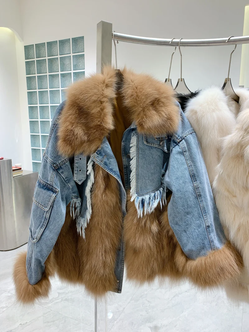 Fur Ins Natural Parka Fox Patchwork Women's Winter Jackets 2023 New Real Fur Coat Denim Jacket with Fur Jacket Female Outerwear