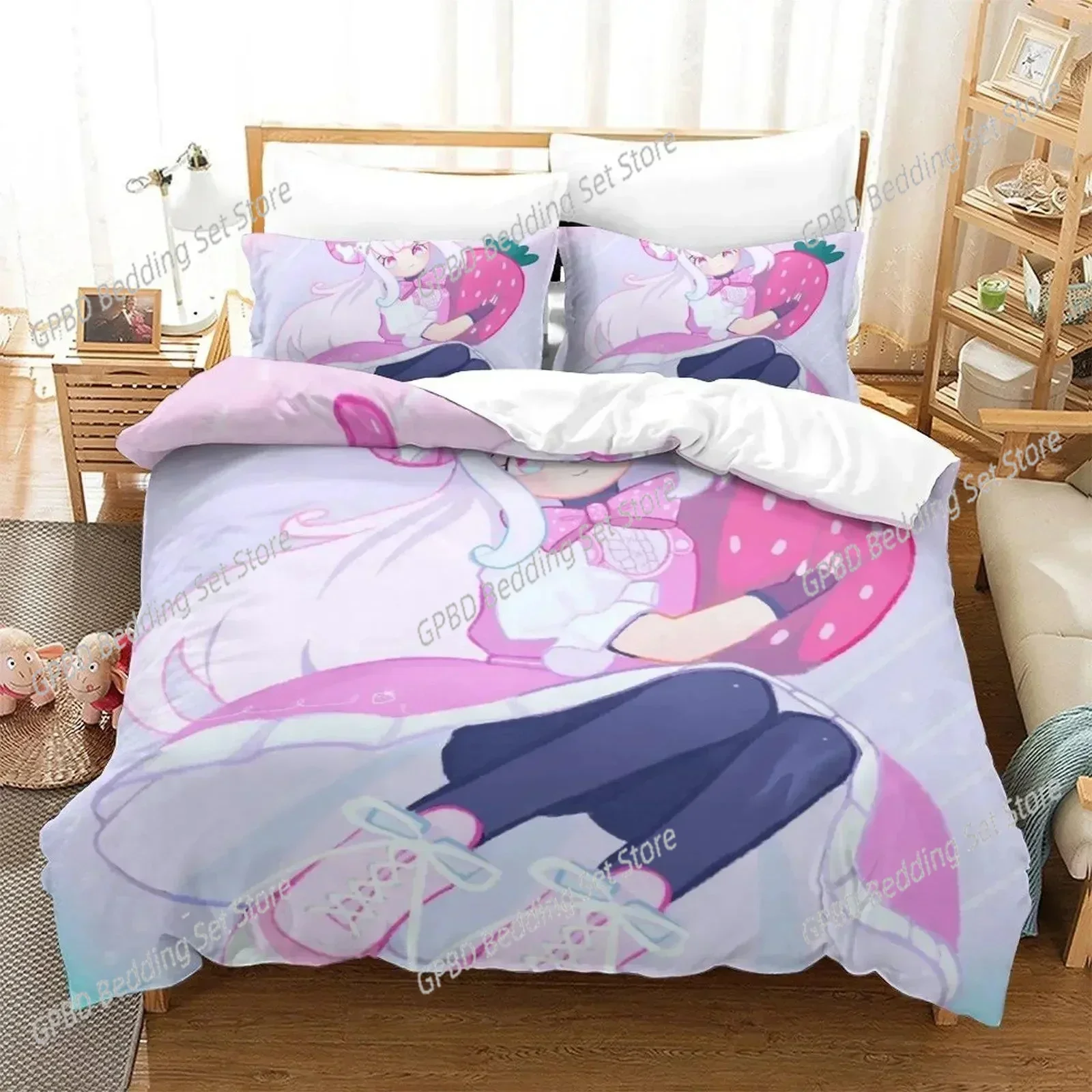 Anime Aesthetic Girl Art Strawberry Bedding Set 3D Printed Suitable for Bedroom Duvet Cover Set With Pillowcases Home Textile