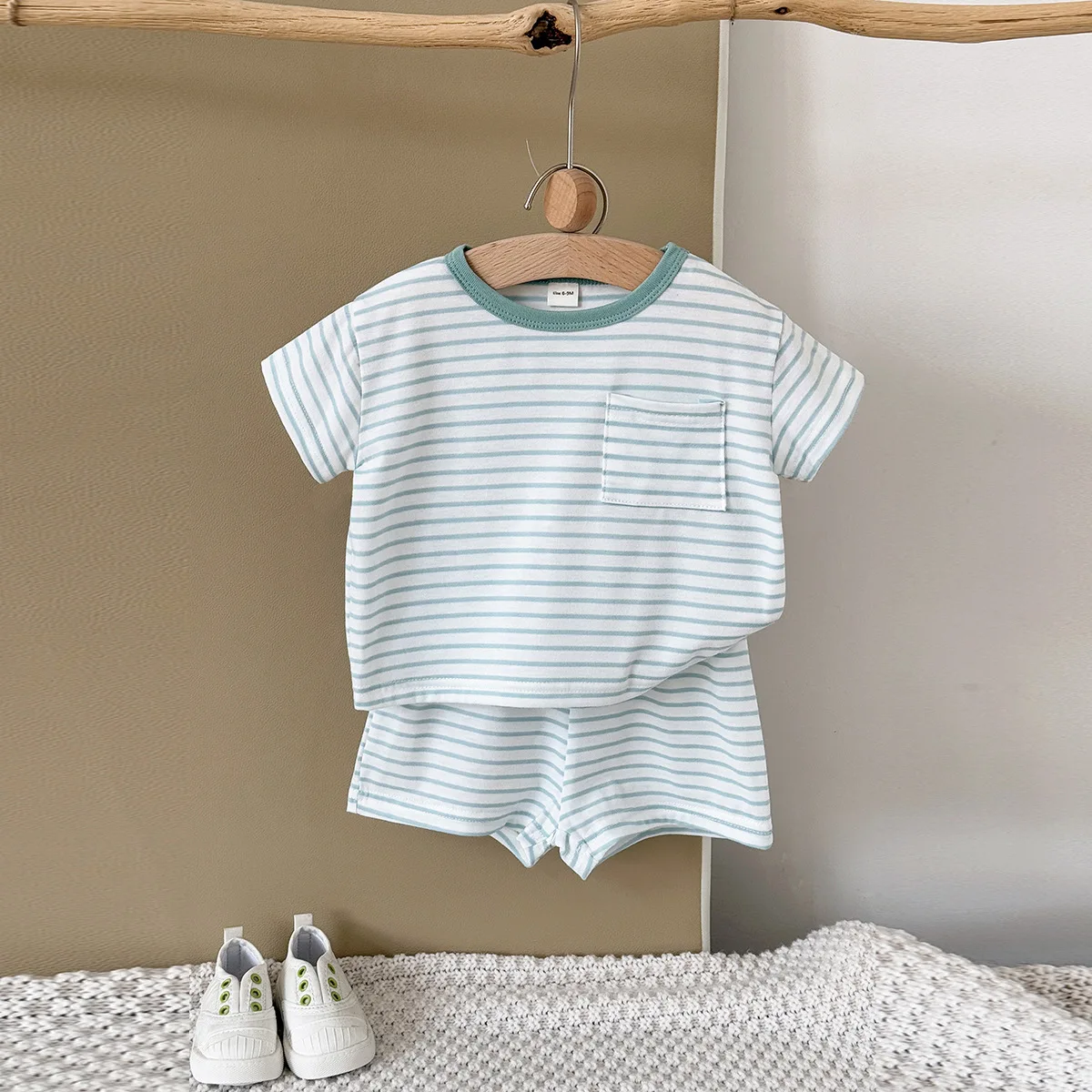 

3M-3T Summer Sport Style Baby Set Green Striped Tee+Shorts 2Pcs Clothes Loose Breathable Toddler Suit