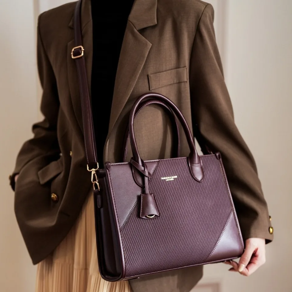 

Counter-Quality Sturdy Wear-Resistant Tote Bag 2 Layers Structured Leather Business Commute Top Handle Shoulder Crossbody Bag