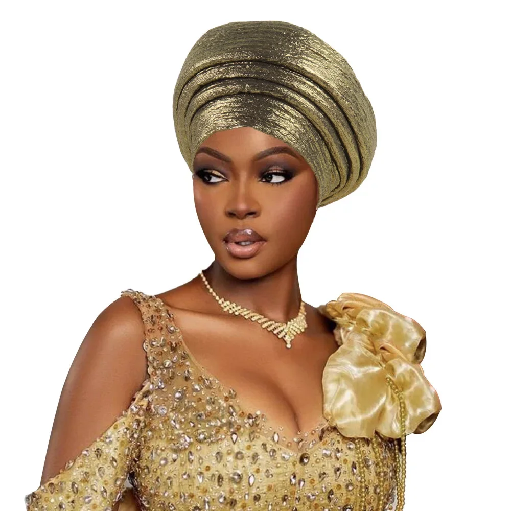 

Shining Women's Turban Cap Multilayer African Head Wraps Headtie Female Wedding Party Headpiece Auto Gele Muslim Hijab Headscarf