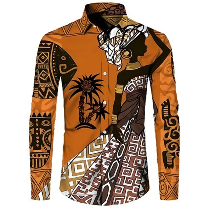 Ethnic Style African Girl 3D Print Long Sleeve Button Shirts For Men Women Dashiki Folk Custom Vintage Tops Couple Clothes Shirt