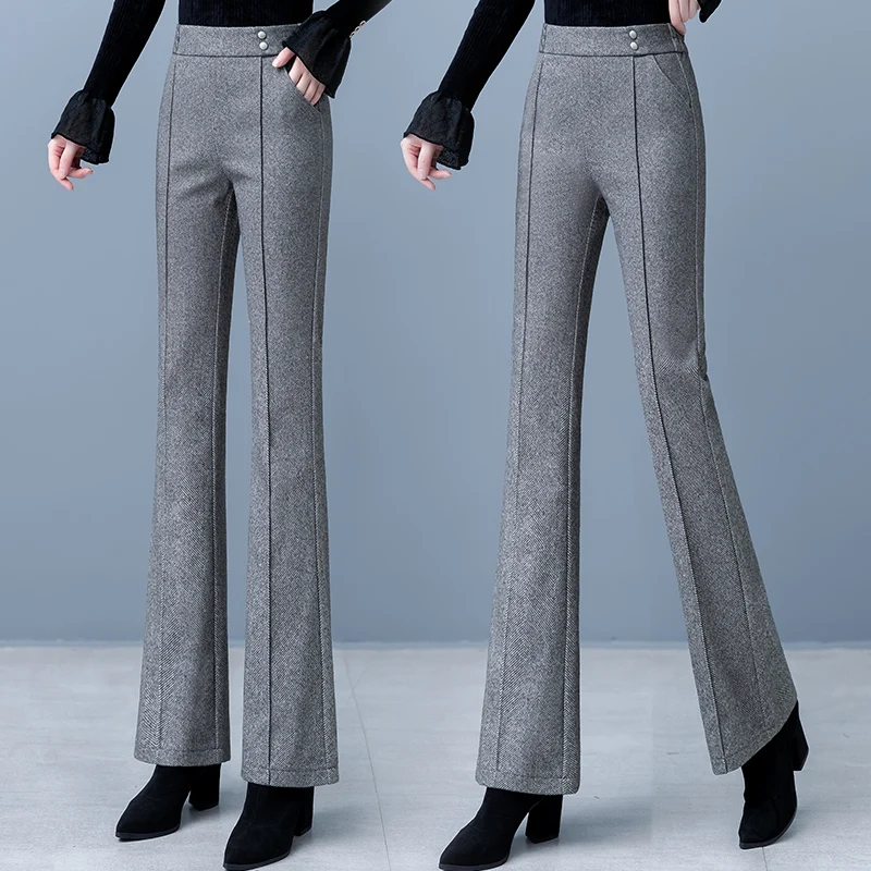 High Waist Fleece Lined Casual Women's Wool Pants Asymmetric Wide Leg Commuter Style Fashionable Spring Autumn Trousers