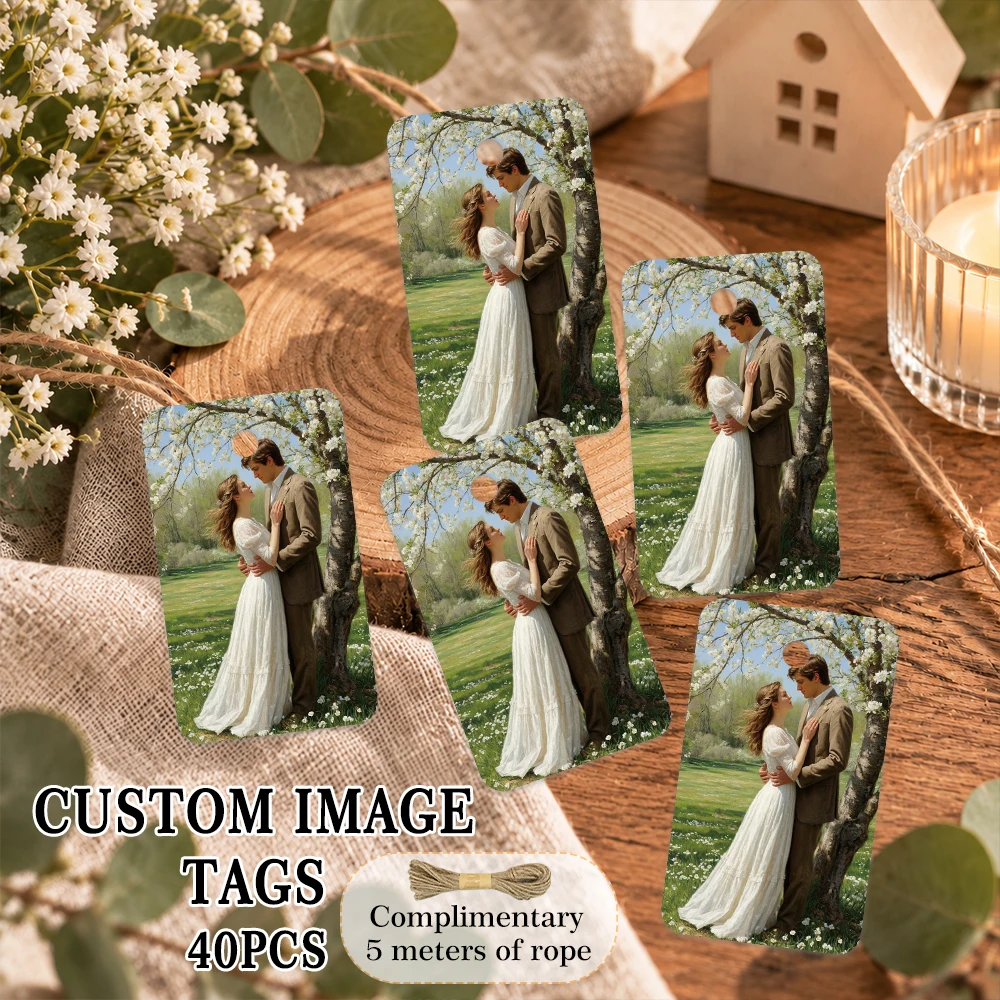 40pcs, Custom Image Tags, Personalized Rounded Corner Photo Gift Tags, Blank Back Labels with 5m Rope, Wedding Bridal Favor