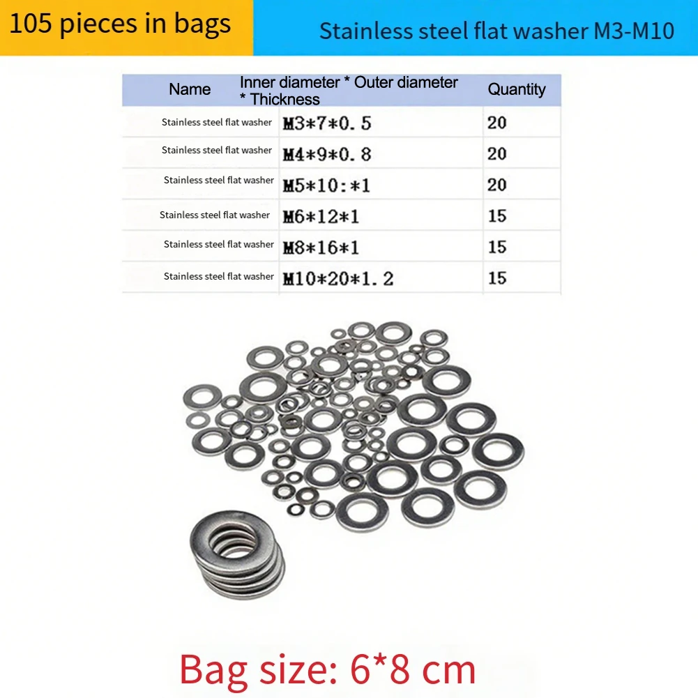 105PCS Stainless Steel Flat Washers Kit With Plain Washer Seal Screw Gasket Rings For General Home Improvement And Workshop Use