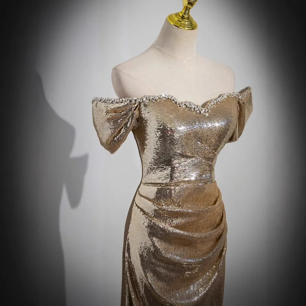 Sereia vestidos de noite lantejoulas douradas sem mangas rendas tapete vermelho brilhante celebridade vestido de baile fora do ombro sem costas vestido de festa