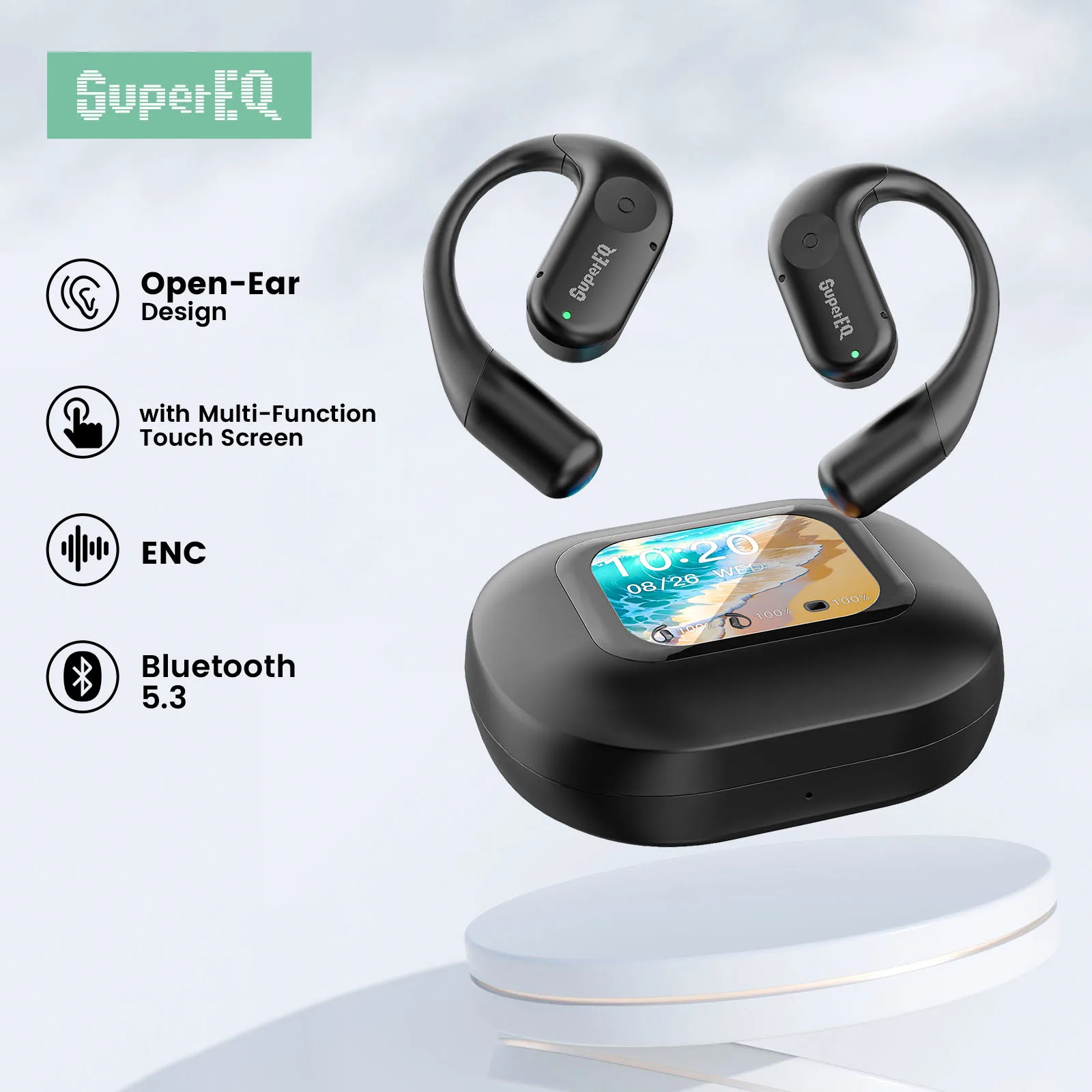 SuperEQ 802 Open Ear Headphones Wireless Bluetooth 5.3 Earphone Air Conduction Sport Earbuds OWS 4 Mic ENC with LED Touch Screen