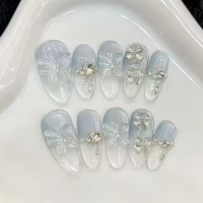 

24pcs Polka Dot French Fake Nails Tips 3D Bow Pearl Diamond Design Almond Press on Nails Art Glitter Star Cat's Eye False Nail
