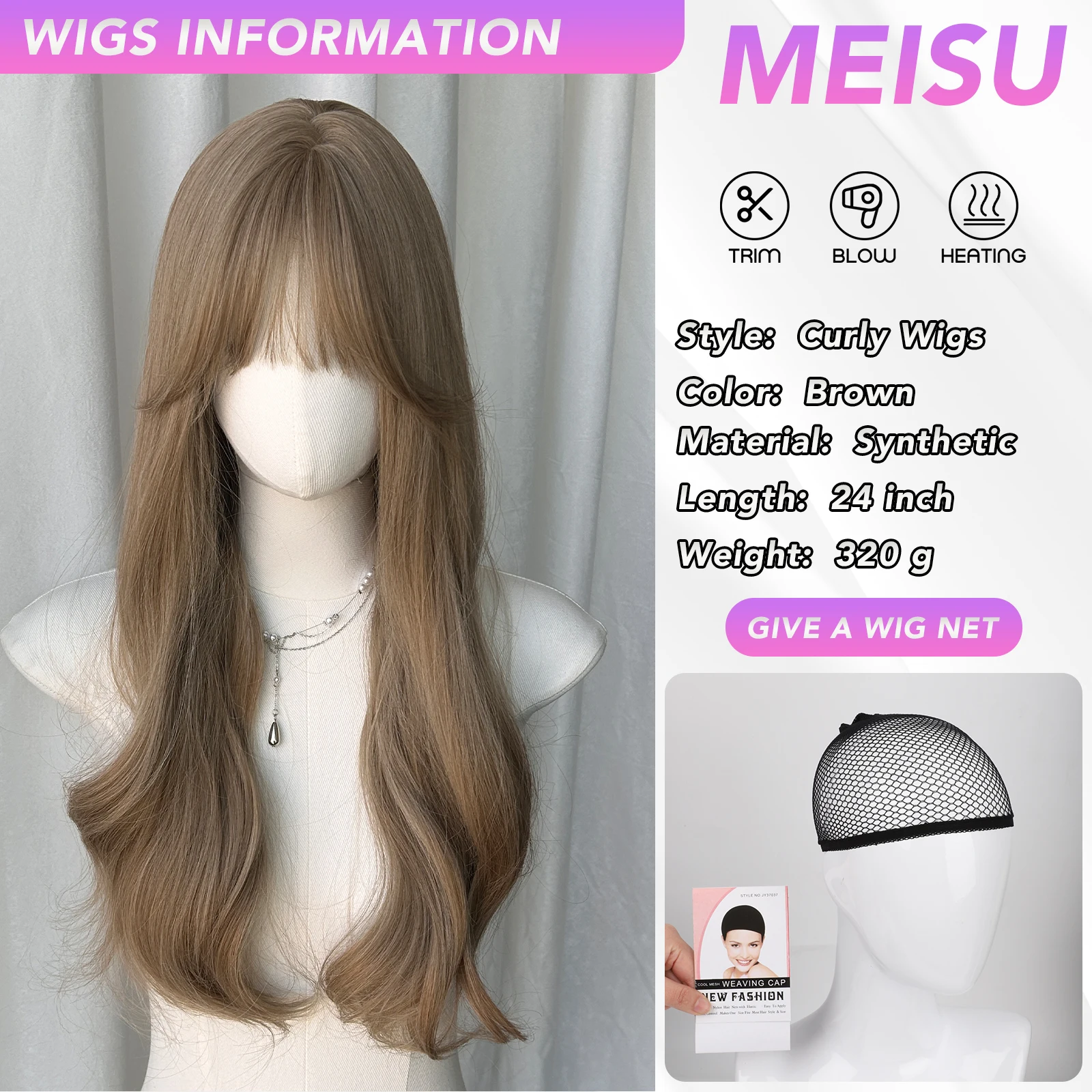 MEISU 24 Inch Brown Curly Wigs Air Bangs Fiber Synthetic Heat-resistant Wave Hair Sweet And Natural Party or Selfie