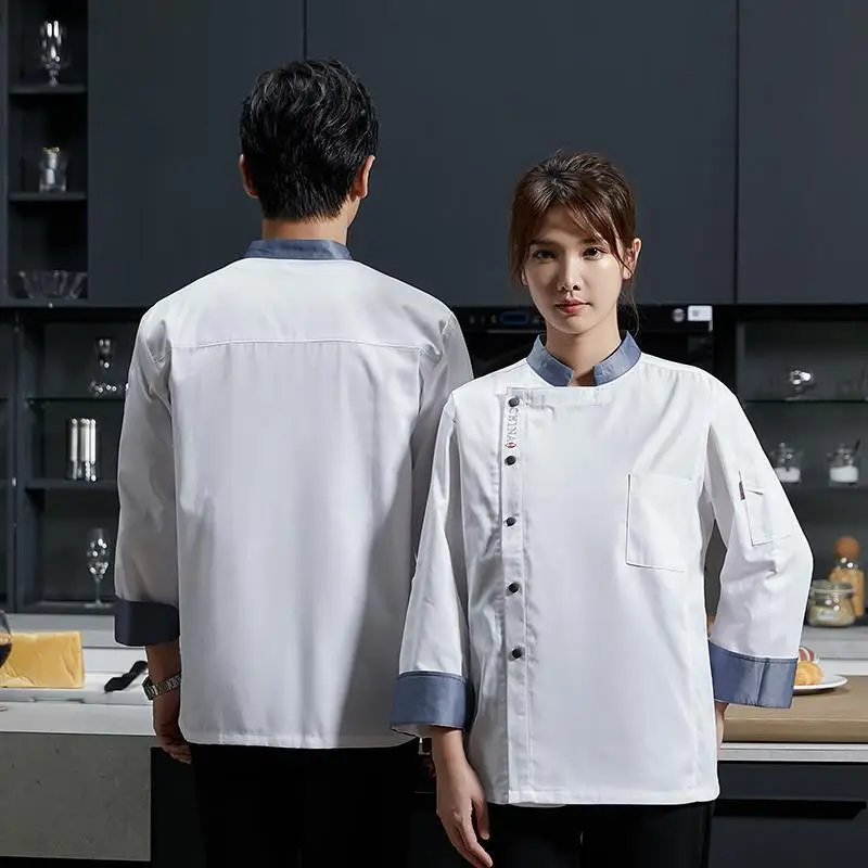 Chef Overalls แขนยาวฤดูร้อนฤดูใบไม้ผลิและฤดูใบไม้ร่วงเสื้อผ้าโรงแรมห้องครัว Chef Chef Uniform Men