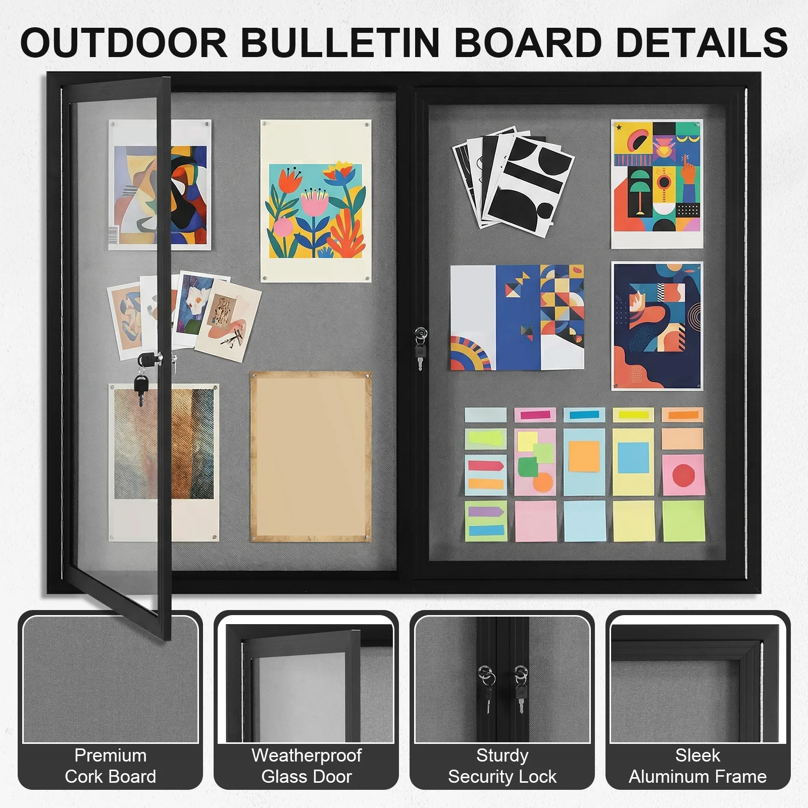 

Enclosed Bulletin Board Aluminum Frame Display Case Message Board with Glass Locking Door for School Office Classroom Commercial