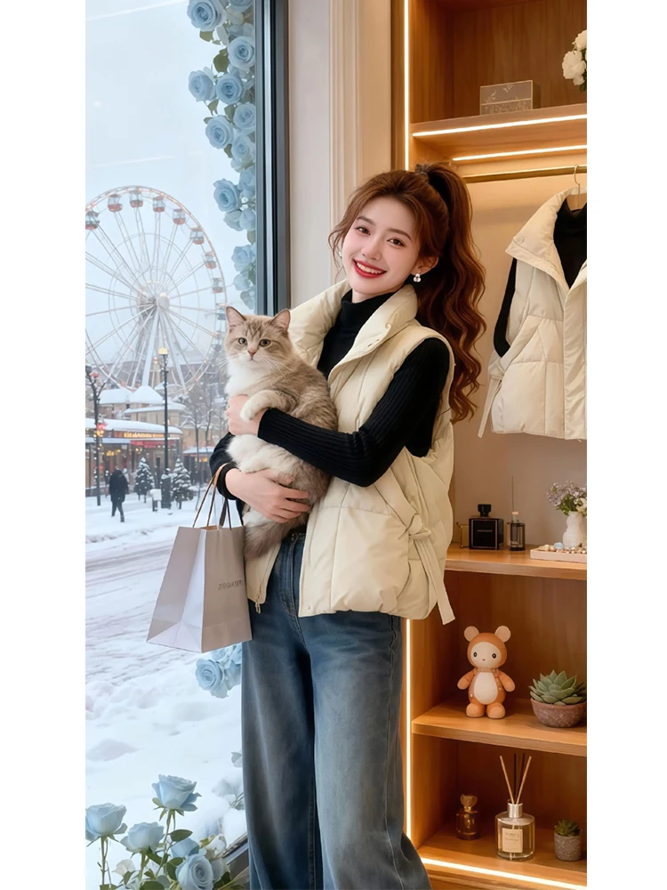 Stylish Versatile Cotton Vest Sleeveless Stand Collar Outerwear for Women Autumn Winter Fashionable Warm Home Daily Wear