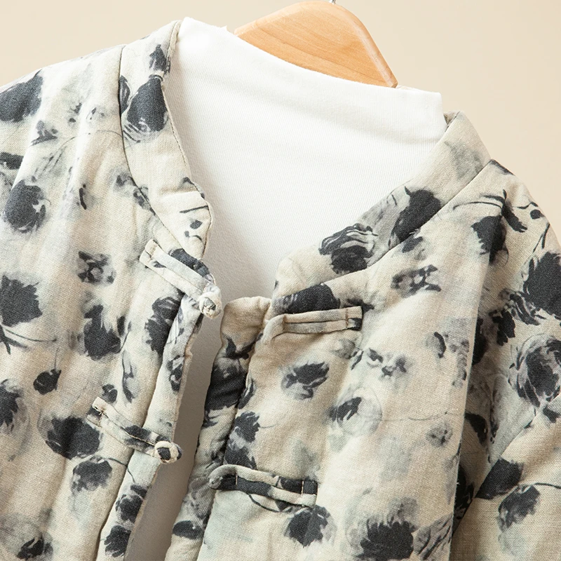 เสื้อคลุมผ้าฝ้ายสำหรับผู้หญิง ผ้าฝ้ายผสมลินิน เสื้อผ้าฤดูหนาว ฮันฟู ติดกระดุม ทรงตรง แขนยาว ความยาวปกติ