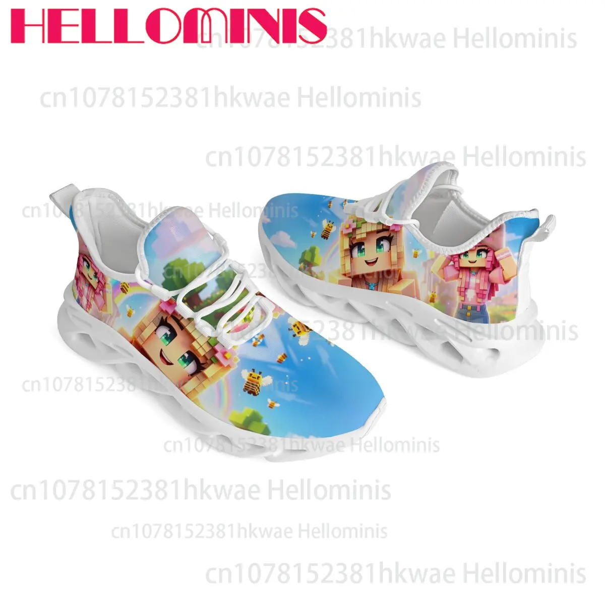 Blocky Voxel Cartoon Girl Print Sneakers Cute Bee Rainbow Sky Pattern Breathable Mesh Running Shoes Outdoor Easy To Wear