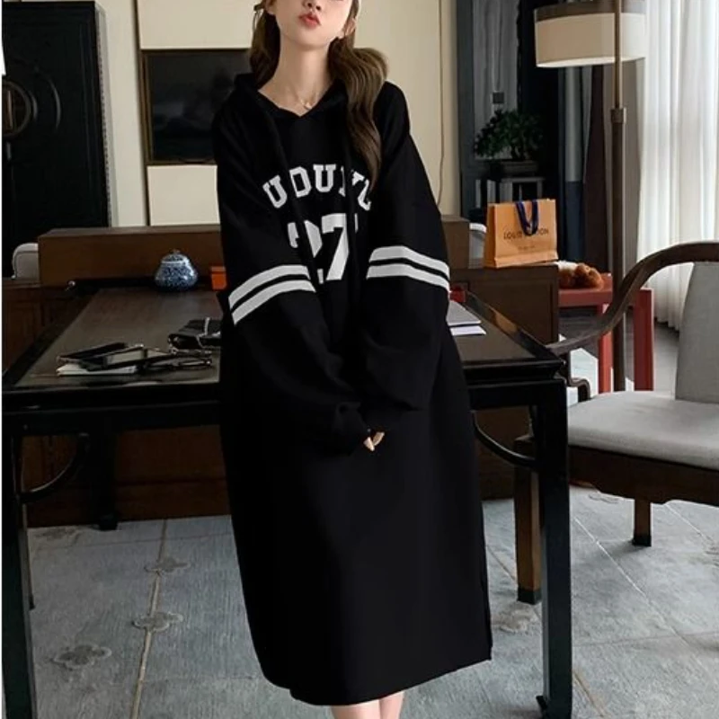 Hooded Midi Dresses Women Letter Casual Straight Loose Personality Japanese Style Y2k Simple Girls Fashion All-match Streetwear