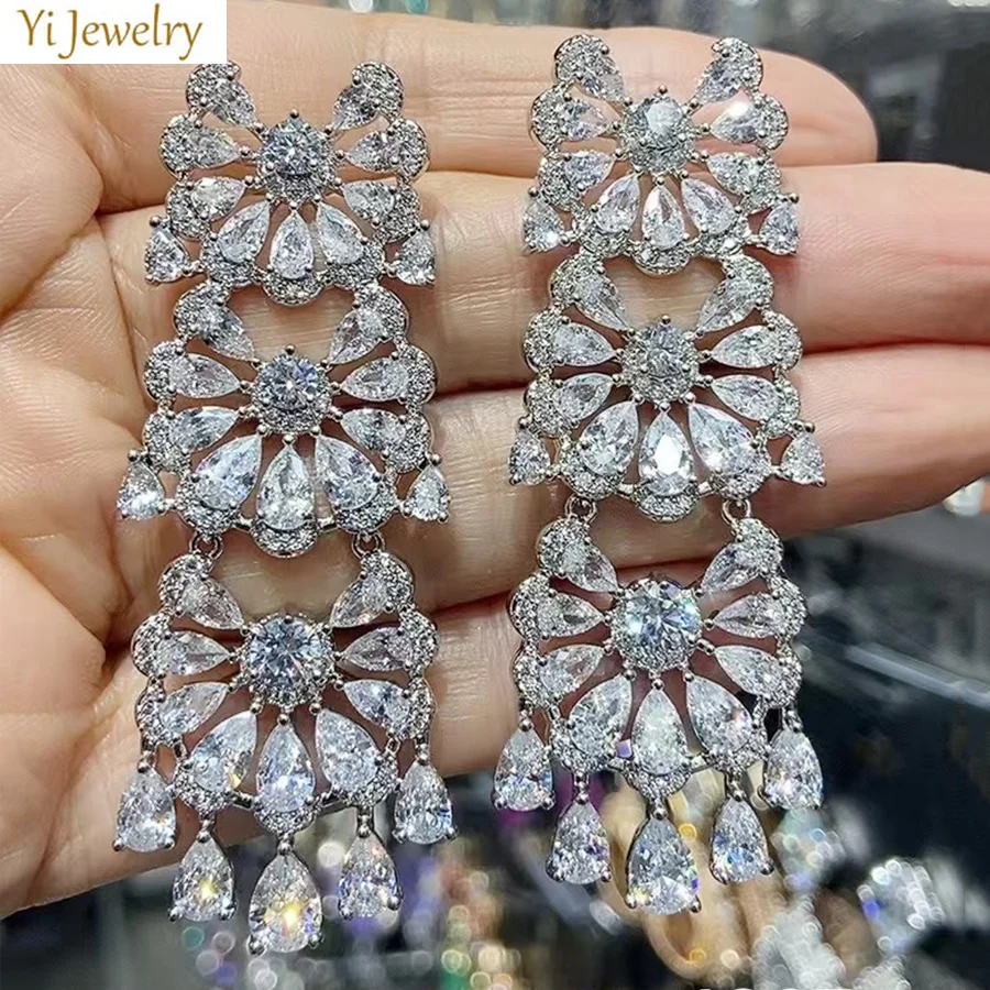 Long Dangle Earrings for Women Wedding Dinner Party Shiny Jewelry Colorful Cubic Zirconia Flower Earrings