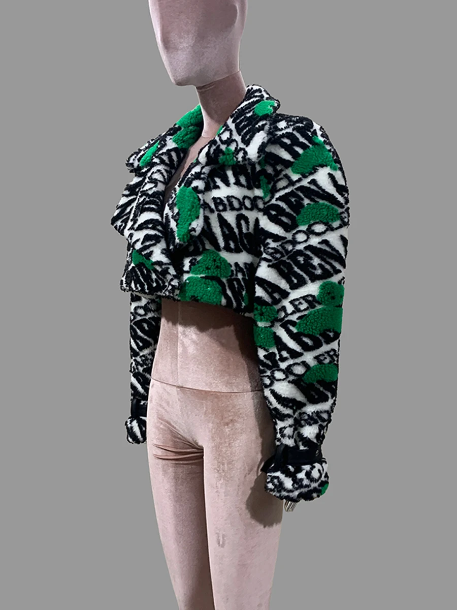 Nerazzurri Autumn Winter Oversized Short Colorful Letter Print Faux Fur Coat Woman Shoulder Pads Long Sleeve Cool Fluffy Jacket