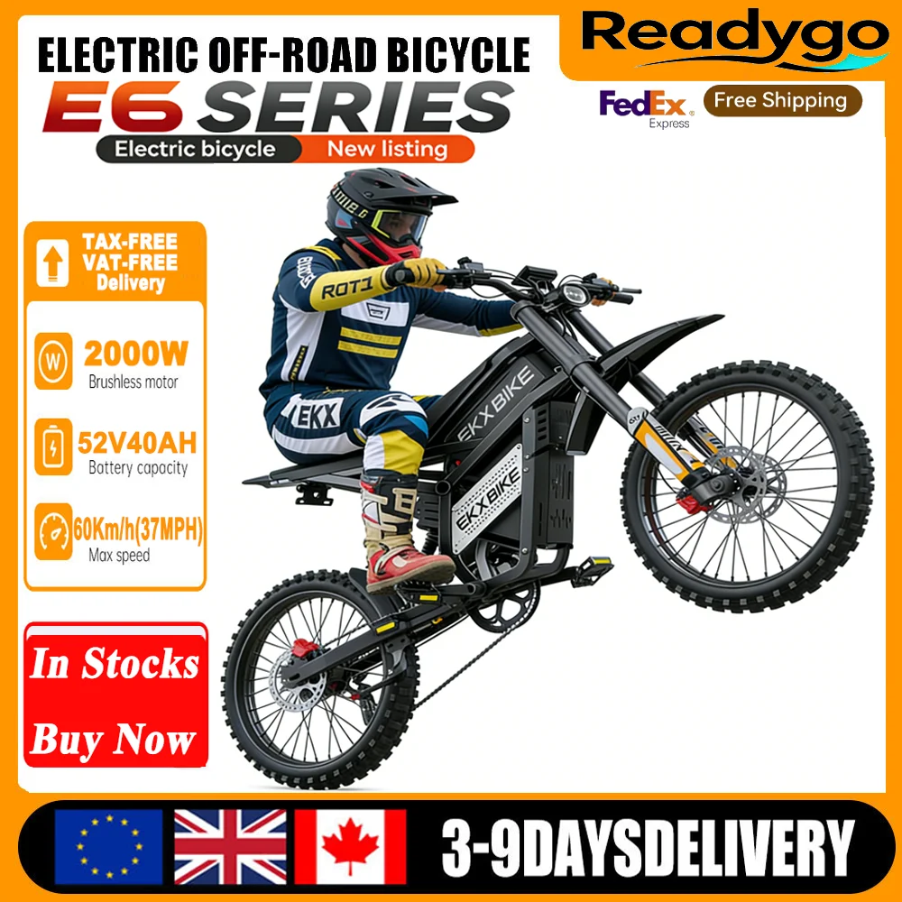 

Электровелосипед Readygo EKXBike E6 для взрослых, внедорожный, с бесщеточным двигателем 2000 Вт, литиевой батареей 52В40Ач, 25-дюймовыми шинами, максимальная скорость 60 км/ч