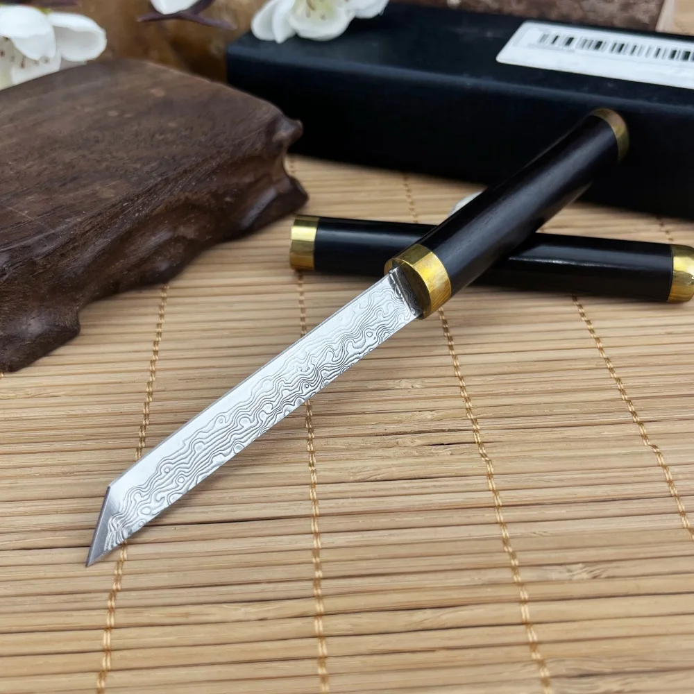 

Damascus Steel Mini Fixed Blade Knife Ebony Handle Portable Pocket Outdoor Survival Knife Cutting Defense EDC Tool with Sheath