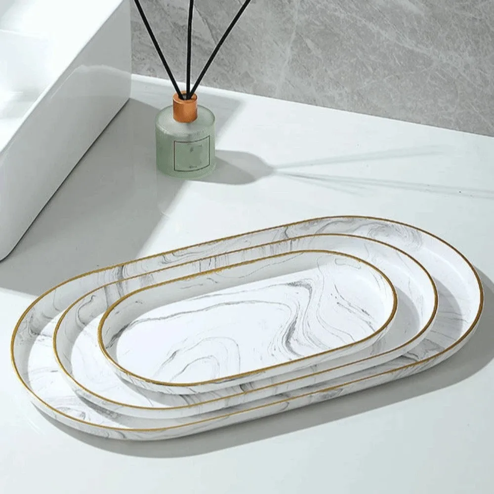 Creative Gold Border Marble Oval Disk Marble Texture Elegant Oval Dish Portable\ Decorative Jewelry Storage Tray Living Room