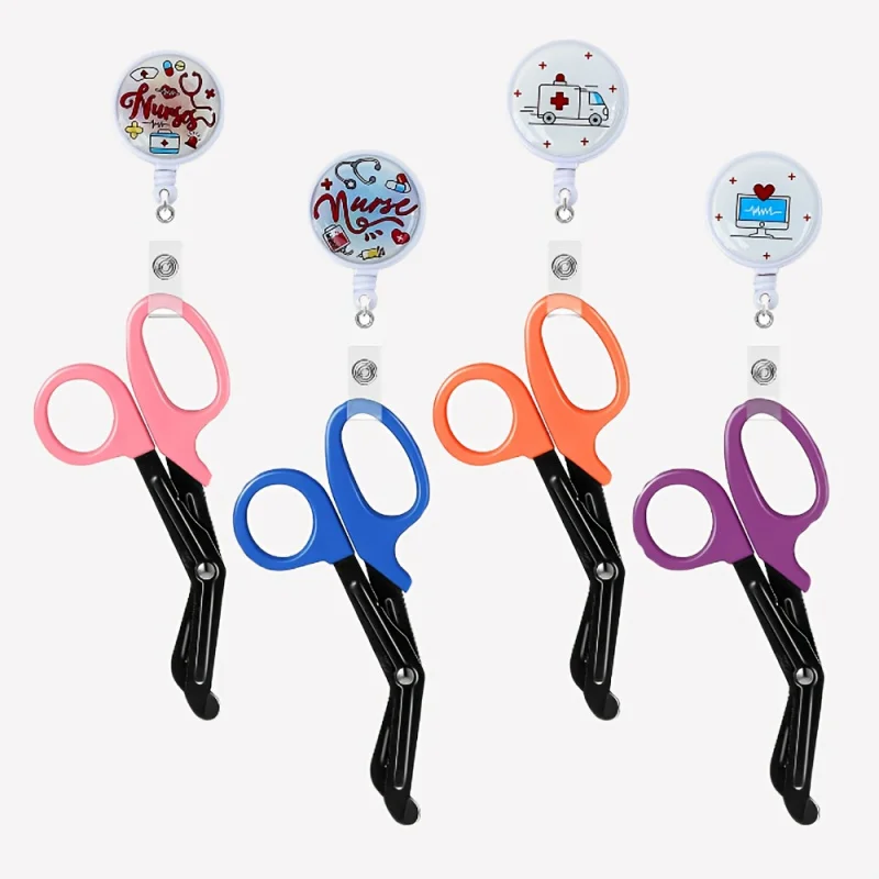 1 Pc Trauma Scissors with 1 Cute Nurse Element Retractable Badge Reel, Bandage Scissors for Nurses,Safety Scissors