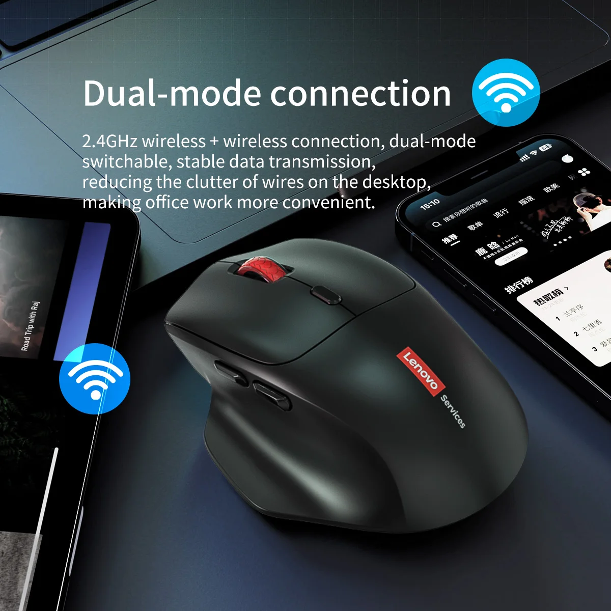 Lenovo N230 Ergonomic Wireless Mouse 2.4g Silent Portable Battery-Powered Mouse for Office and Home Use, Compatible with Laptops and Desktops