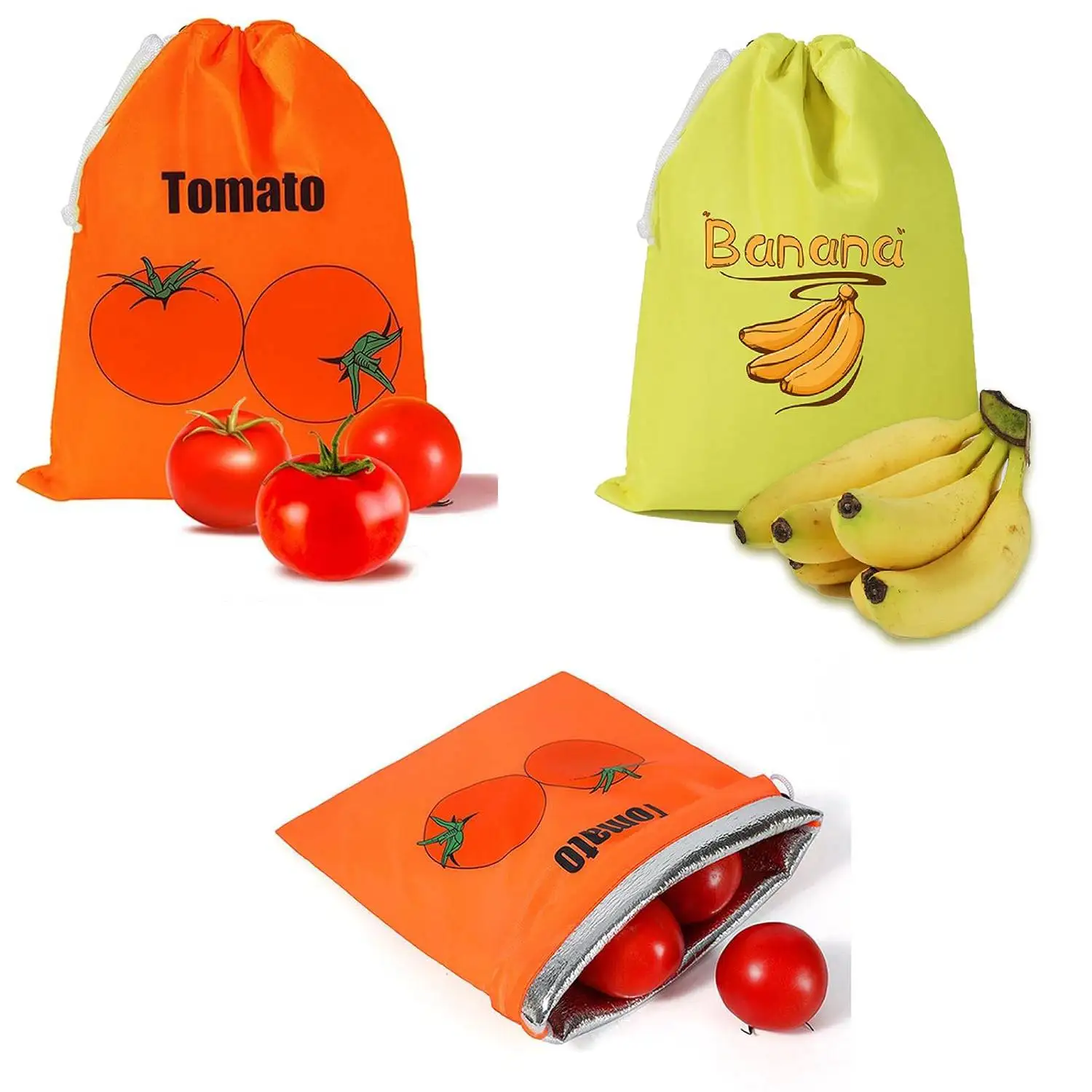 Banana Tomato Produce Storage Bags for Refrigerator Fruit Vegetable Washable Reusable Drawstring Food Freshness Pouch Kitchen