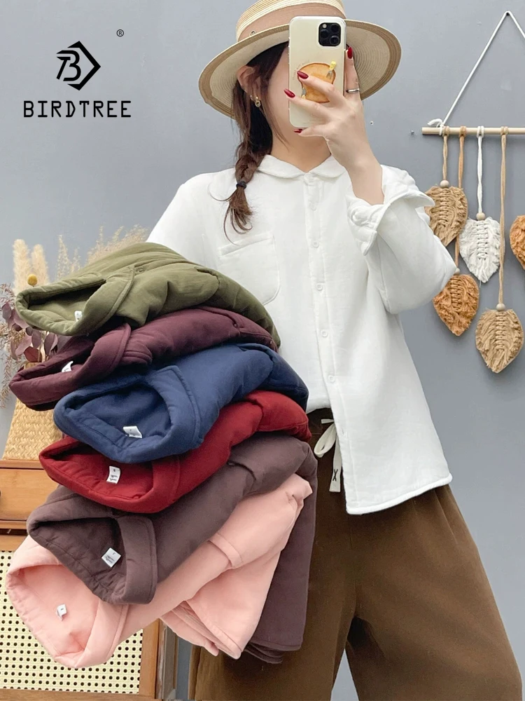 New 2026 Winter Women Cotton Padded Long Sleeve Shirt, Turn-down Collar Solid, Mori Girl Basic Casual Warm Loose Blouse T6O853CC