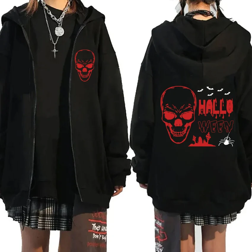 

High Quality Skull Halloween Creepy Face Double Sided printed Zipper Hoodie Unisex vintage Gothic Jacket Men women Fleece Coat