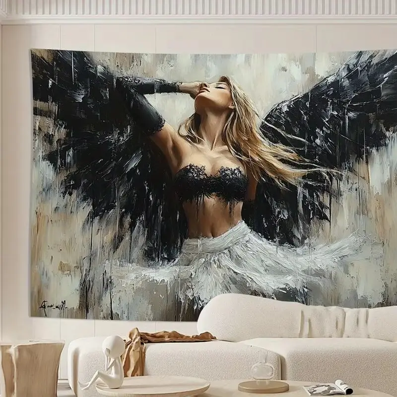 VIKAMA Dark Angel Tapestry Black Wing Female Figure Oil Painting Wall Hanging Textured Art Living Bedroom Dorm Wall Decor