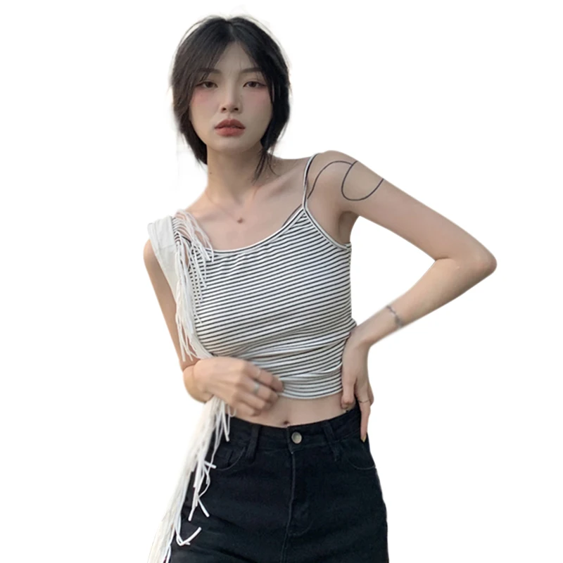 Sexy Striped Backless Knitted Camisole For Women Korean Version Slim Sleeveless Casual Versatile Summer Girly Crop Top