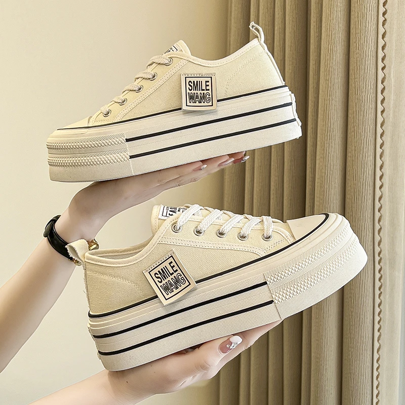 New Women's Black Platform Canvas Sneakers Lace-up Comfortable Shoes Fashion Outdoor Multi-functional Sports Canvas Shoes