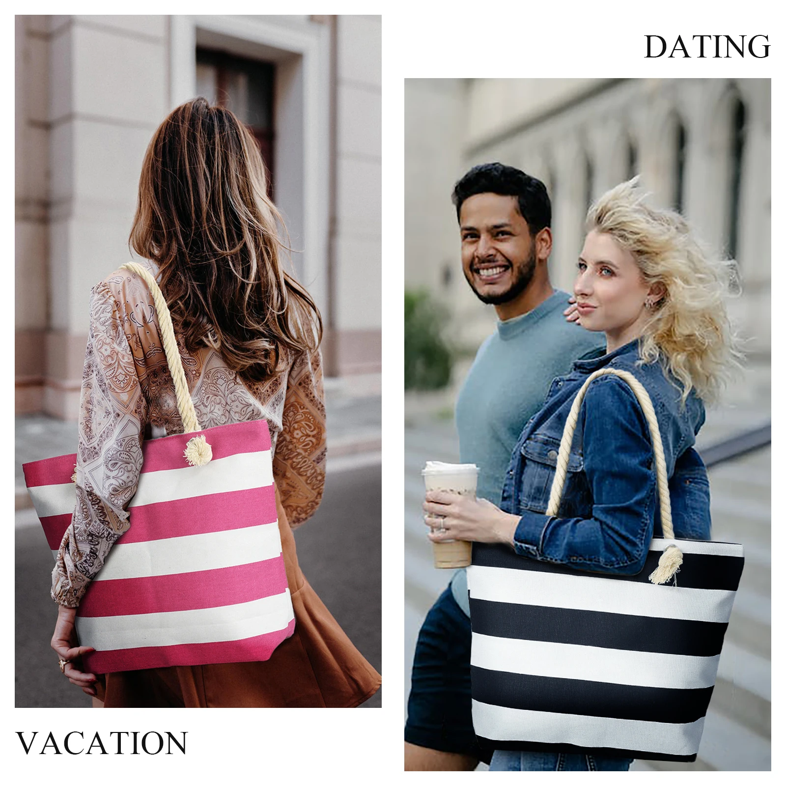 New Beach Tote Bag Fashion Women Canvas Summer Large Capacity Striped Shoulder Bag Tote Handbag Shopping Shoulder Bags