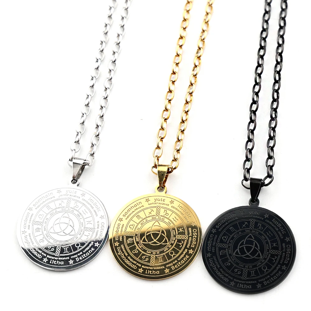 Hexen-Irischer Knoten Astrologie Edelstahl-Halskette für Damen/Herren Triquetra Pagan Jahresrad-Halsketten Schmuck N3155S02