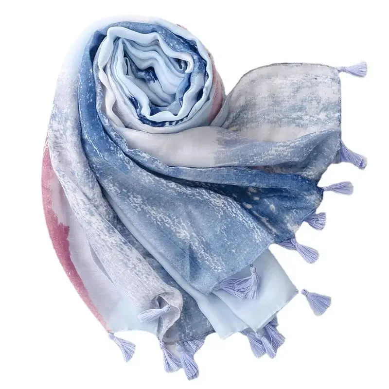 New Fashion Spring Unique Blue White Blend Color Printed Cotton Viscose Shawls High Quality Long Large Beach Cover Scarf Women