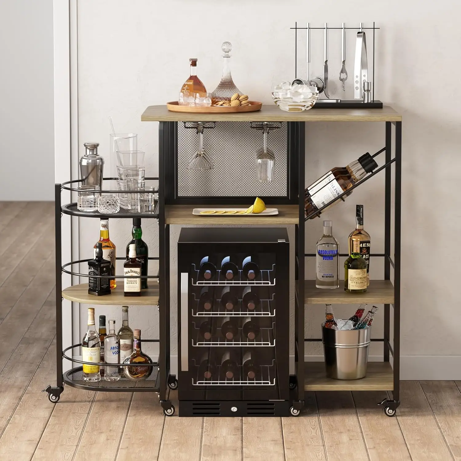 

Bar Cart, Home Bar Service Cart with Wine Rack and Glass Holder, Kitchen Cart with Rolling Wheels, Metal Bar Rack with