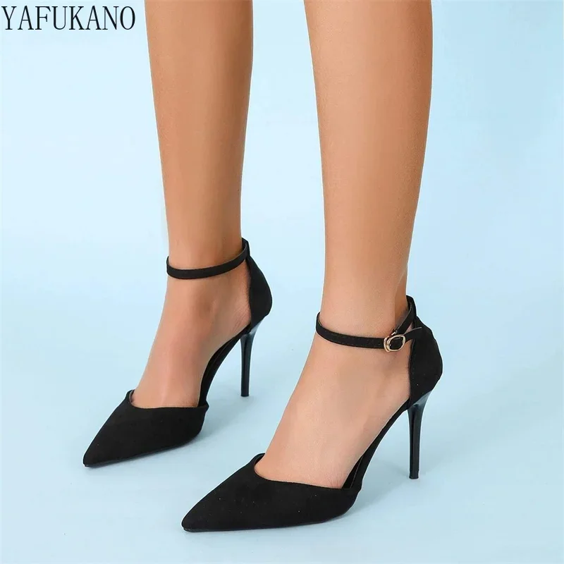 Minimalist Stiletto Heeled Ankle Strap Pumps 9cm Sexy Solid Flock Party Dress Shoes Mid Hollow Women Sandals Casual High Heels