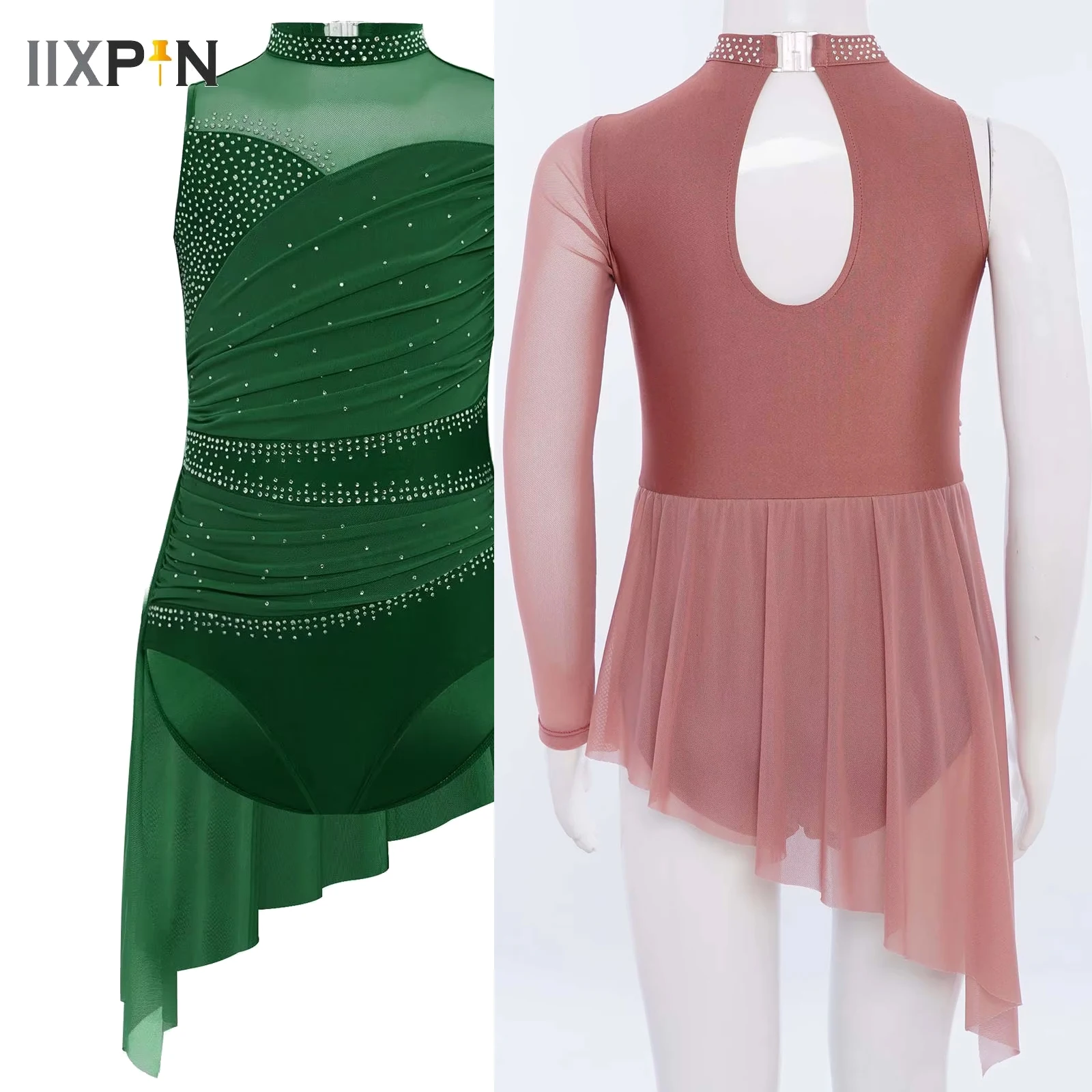 

Kid Girls Ballet Dance Dress Shiny Rhinestone Gymnastics Leotard Lyrical Modern Costume Ruched Mesh Asymmetrical Dress Dancewear