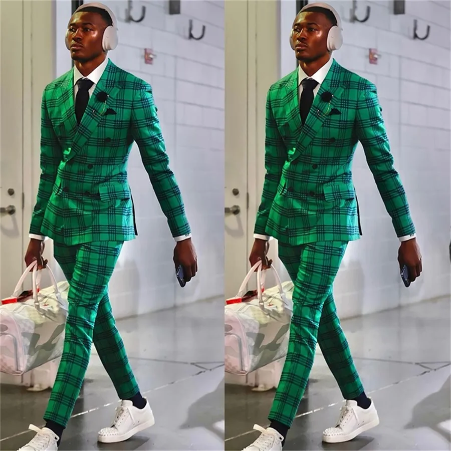 

Fashion Green Plaid Men Suits For Wedding Formal Slim Fit 2 Pcs (Blazer+Pants) Double Breasted Tuxedo Prom Evening Custom Made